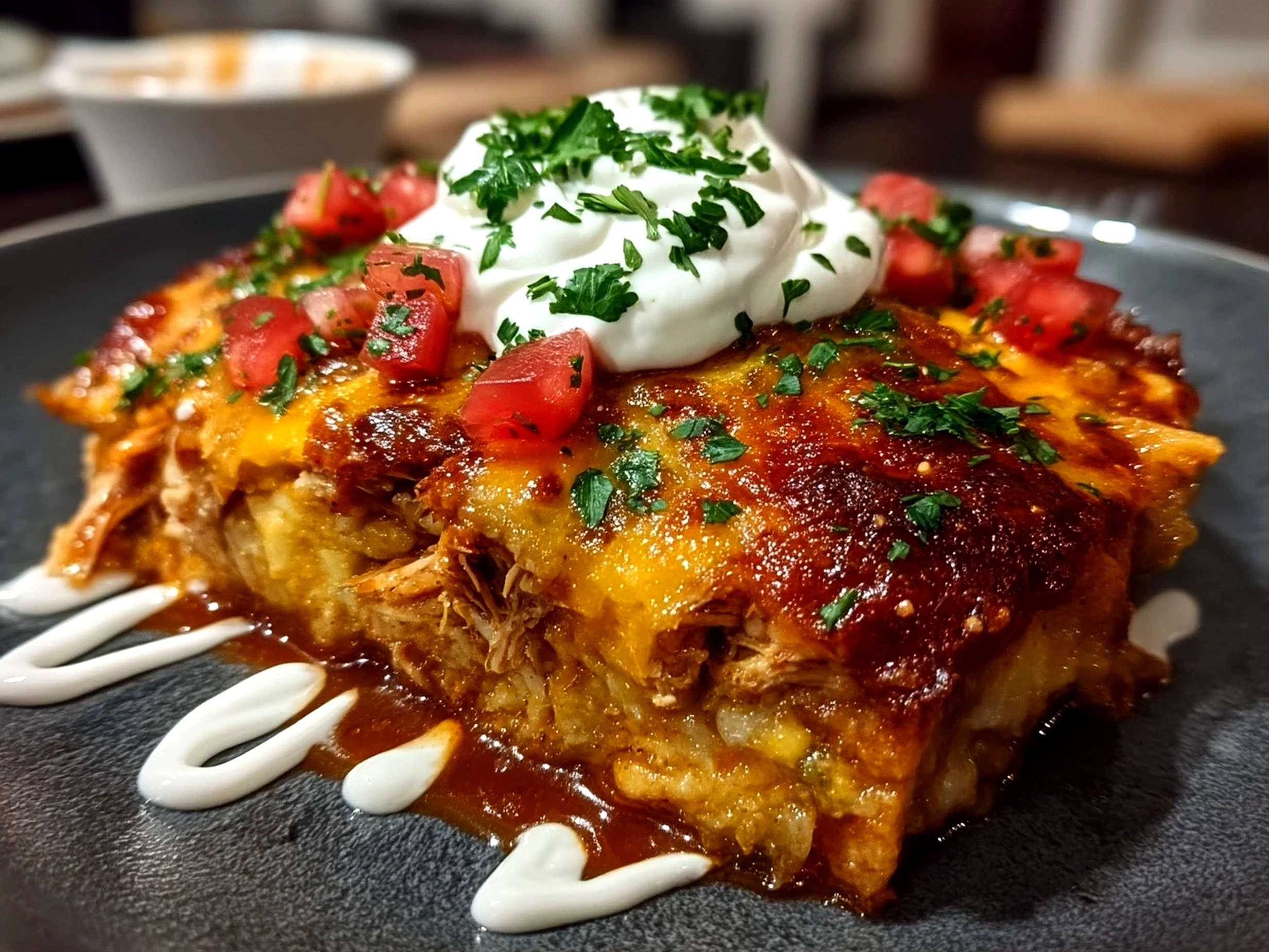 Close up finished comforting crockpot chicken enchilada casserole, hearty and comforting