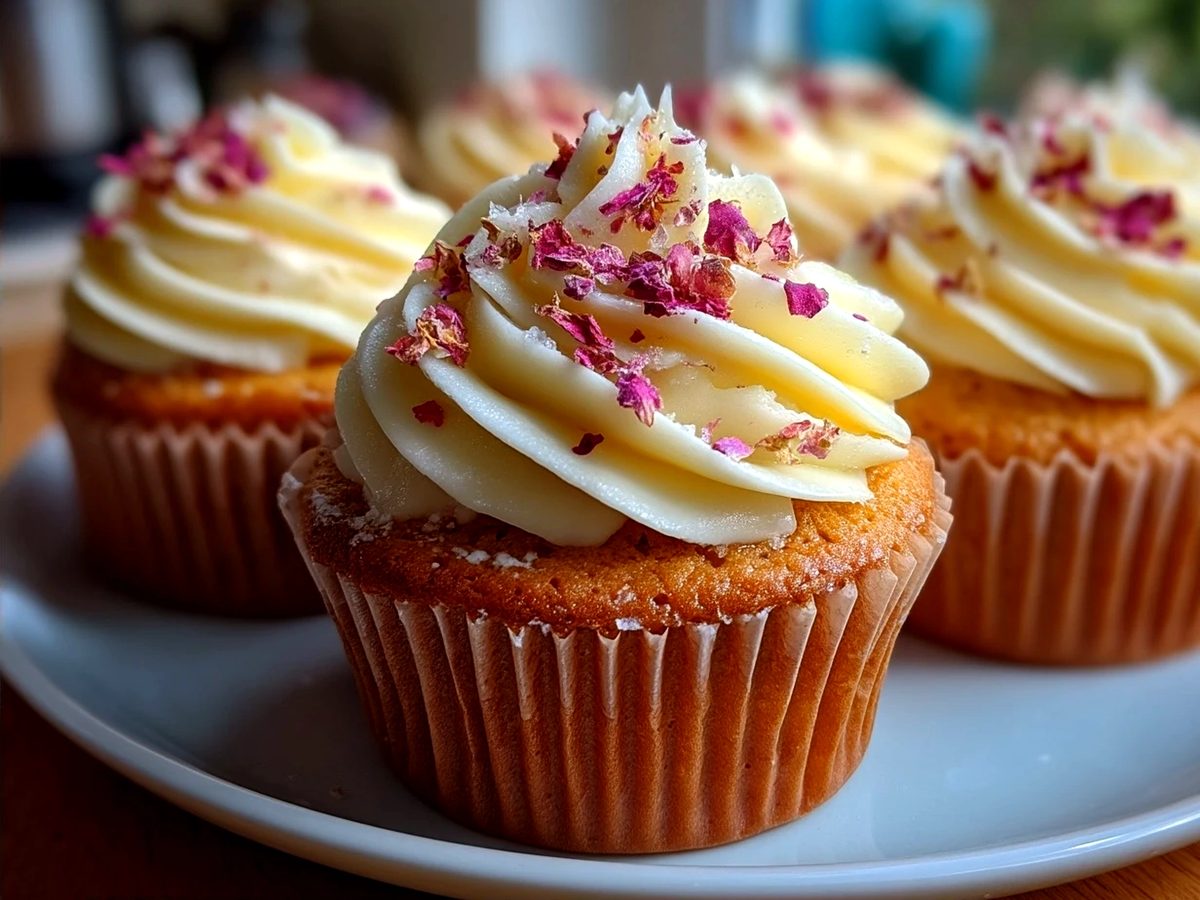 Freshly frosted Vanilla Rose Buttercream Cupcakes served on a plate