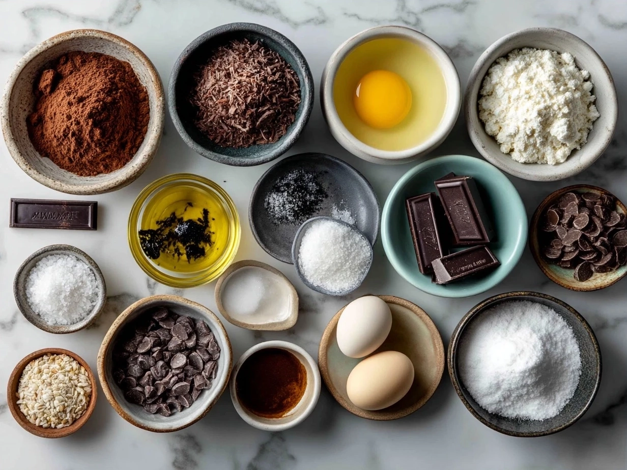 Ingredients for vegan brownies: flour, cocoa powder, coconut sugar, coconut oil, almond milk, and chocolate chips