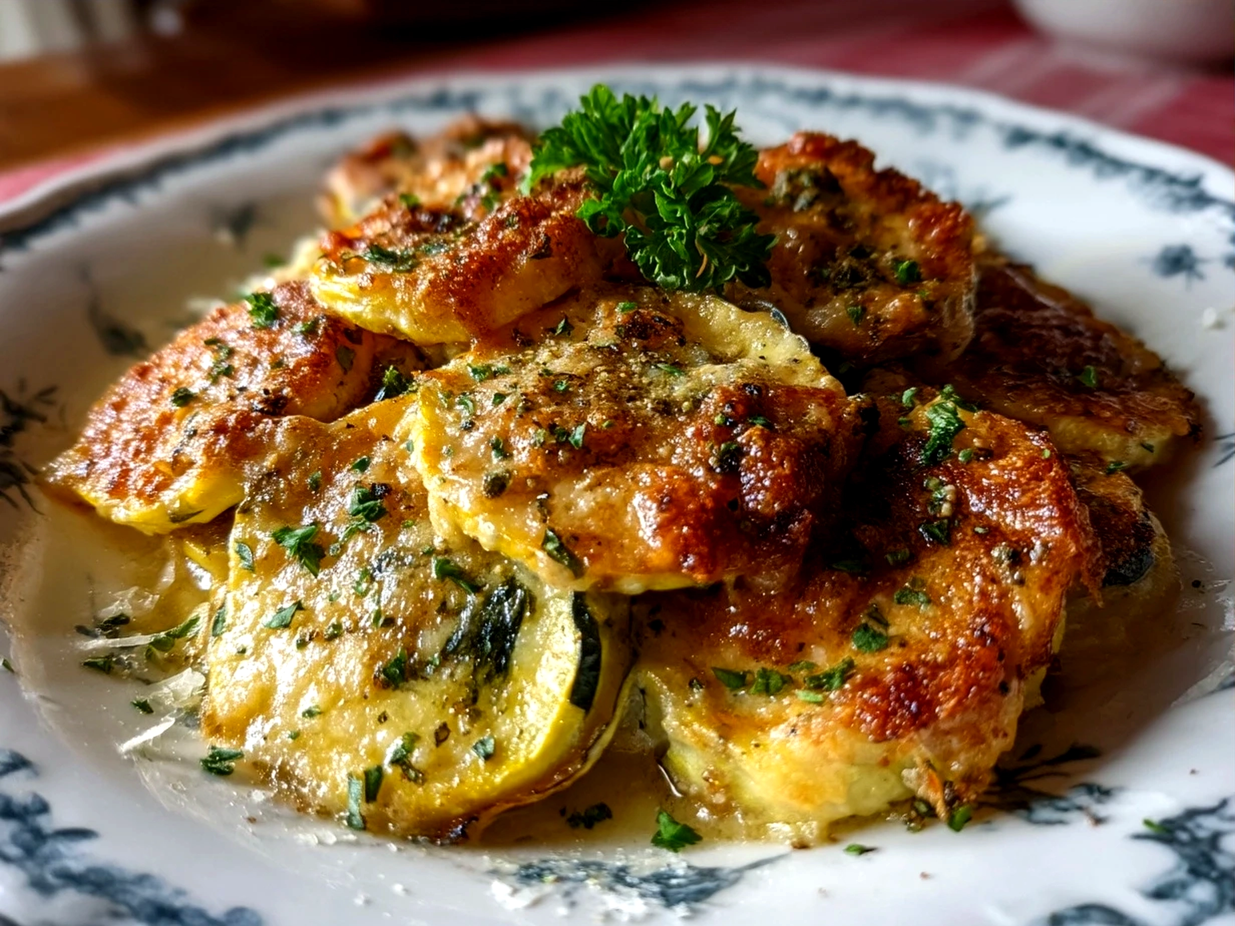 Final baked Yellow Squash Parmesan in a baking dish ready to serve