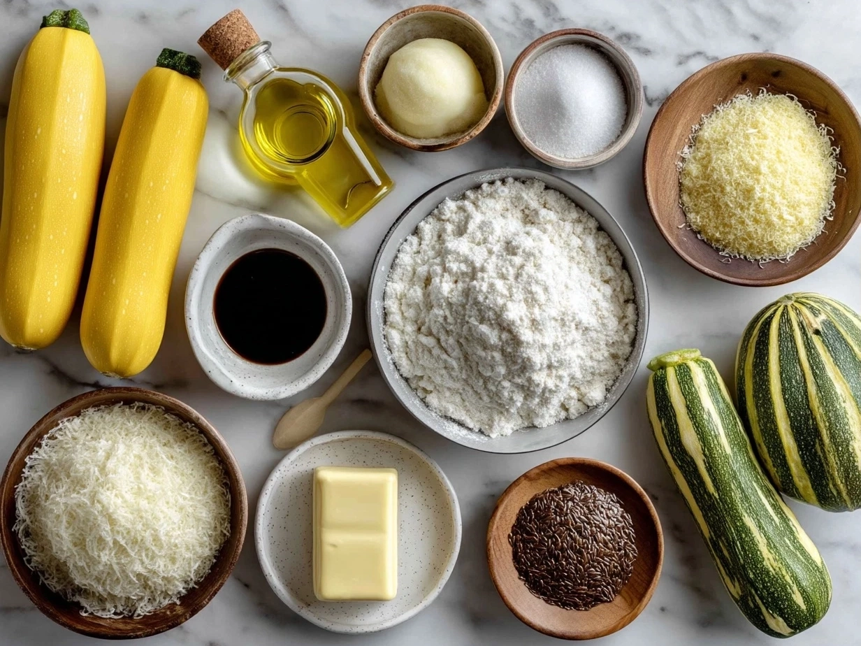Ingredients for Yellow Squash Parmesan laid out on a wooden surface