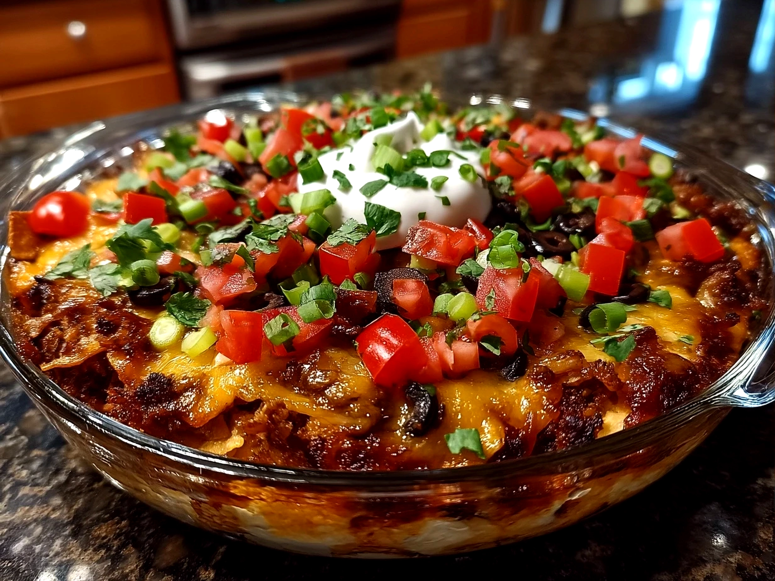 Serving 7-Layer Taco Dip with tortilla chips beautifully presented in rustic bowl