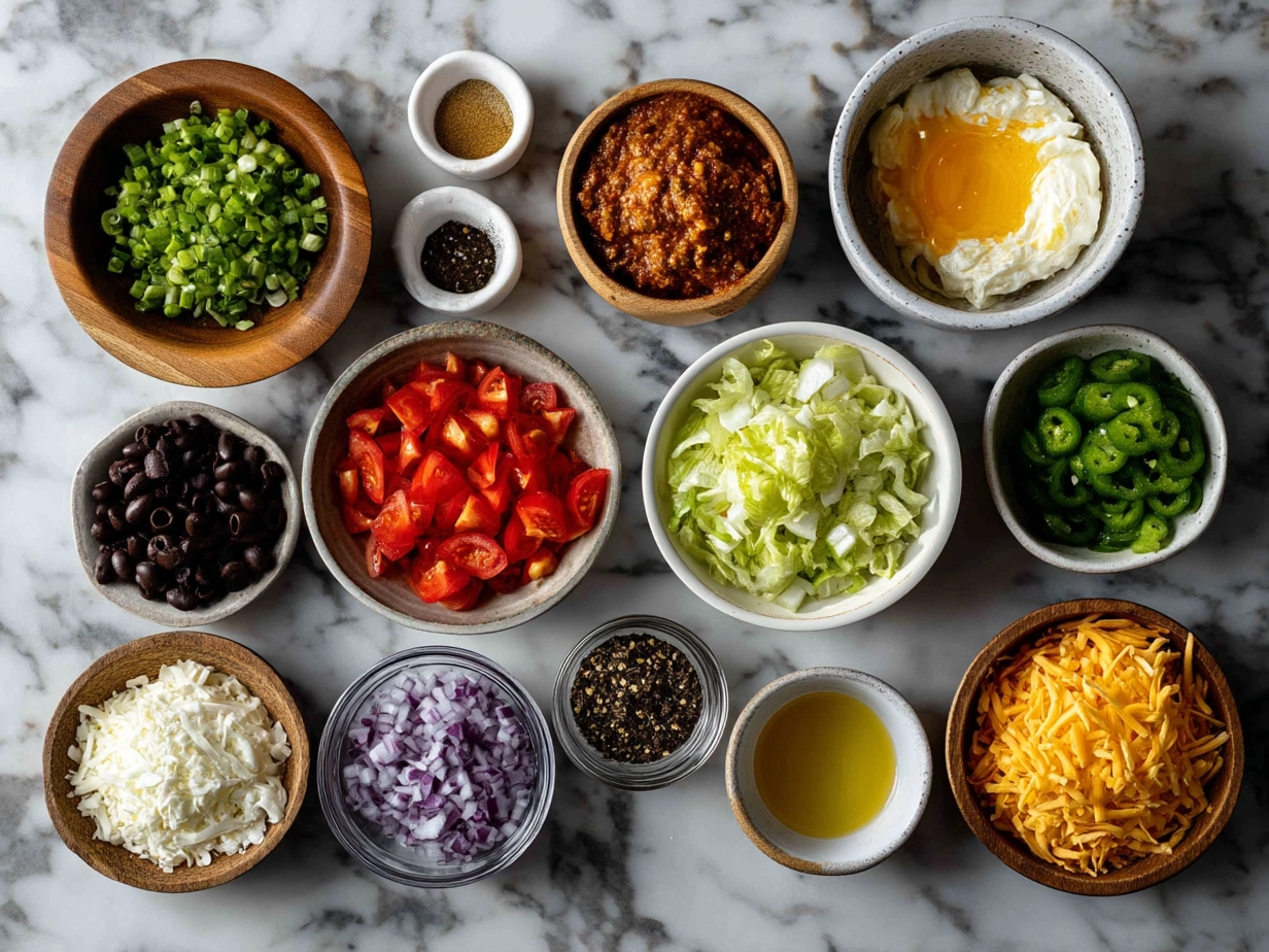 Ingredients for 7-Layer Taco Dip including beans, guacamole, sour cream, salsa, cheese, olives, and green onions