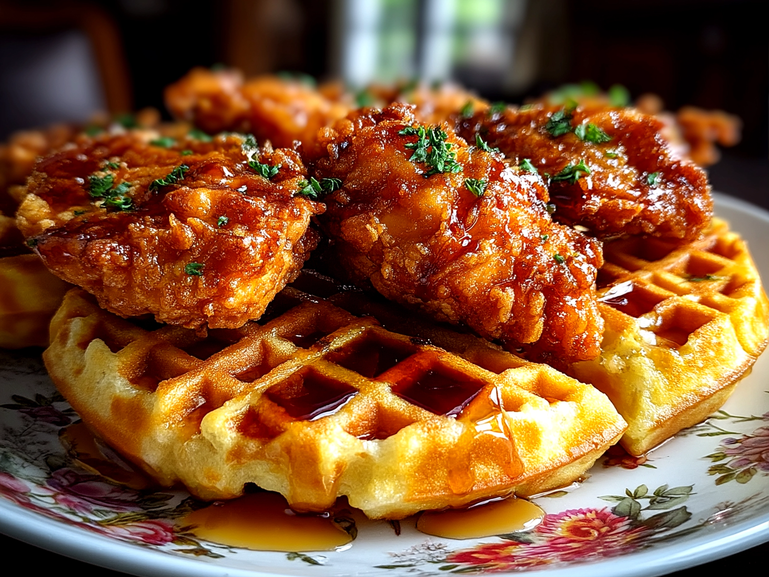 Close up finished beautiful crispy chicken waffle warm and appetizing
