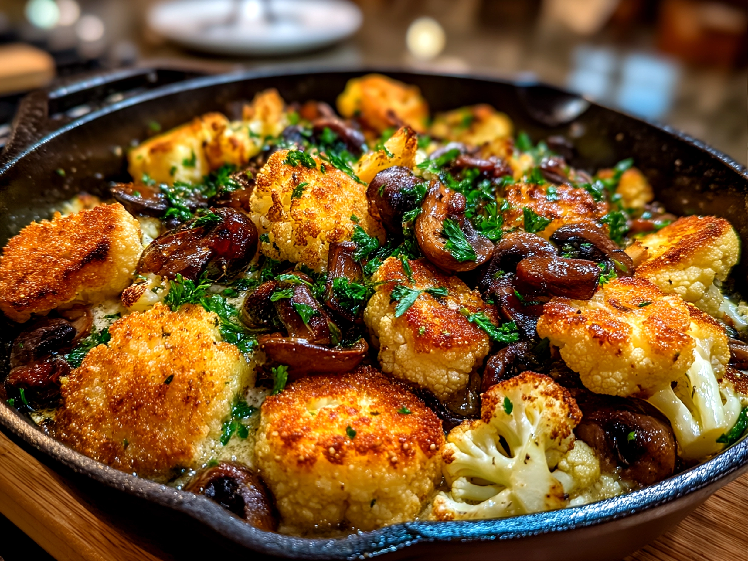 Finished Garlic Cauliflower Mushroom Skillet served warm in a rustic kitchen setting