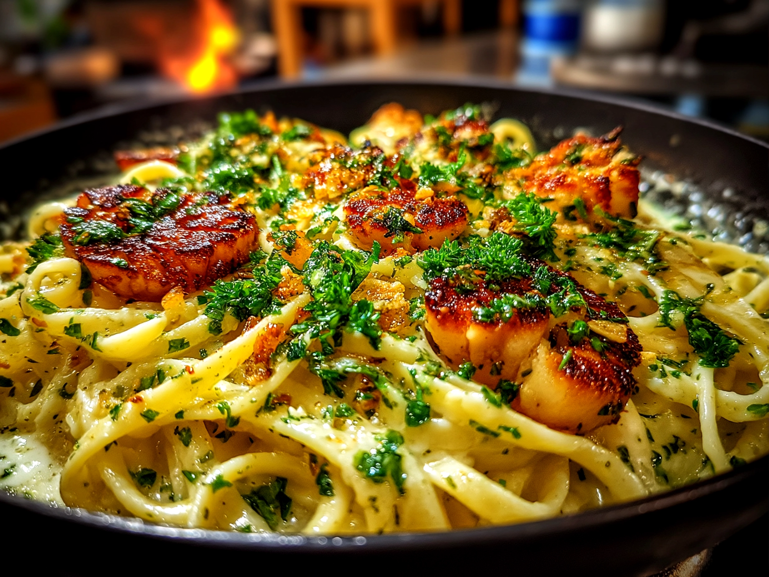 Close-up of finished delicious creamy roast garlic and lemon pasta sauce served in a bowl.