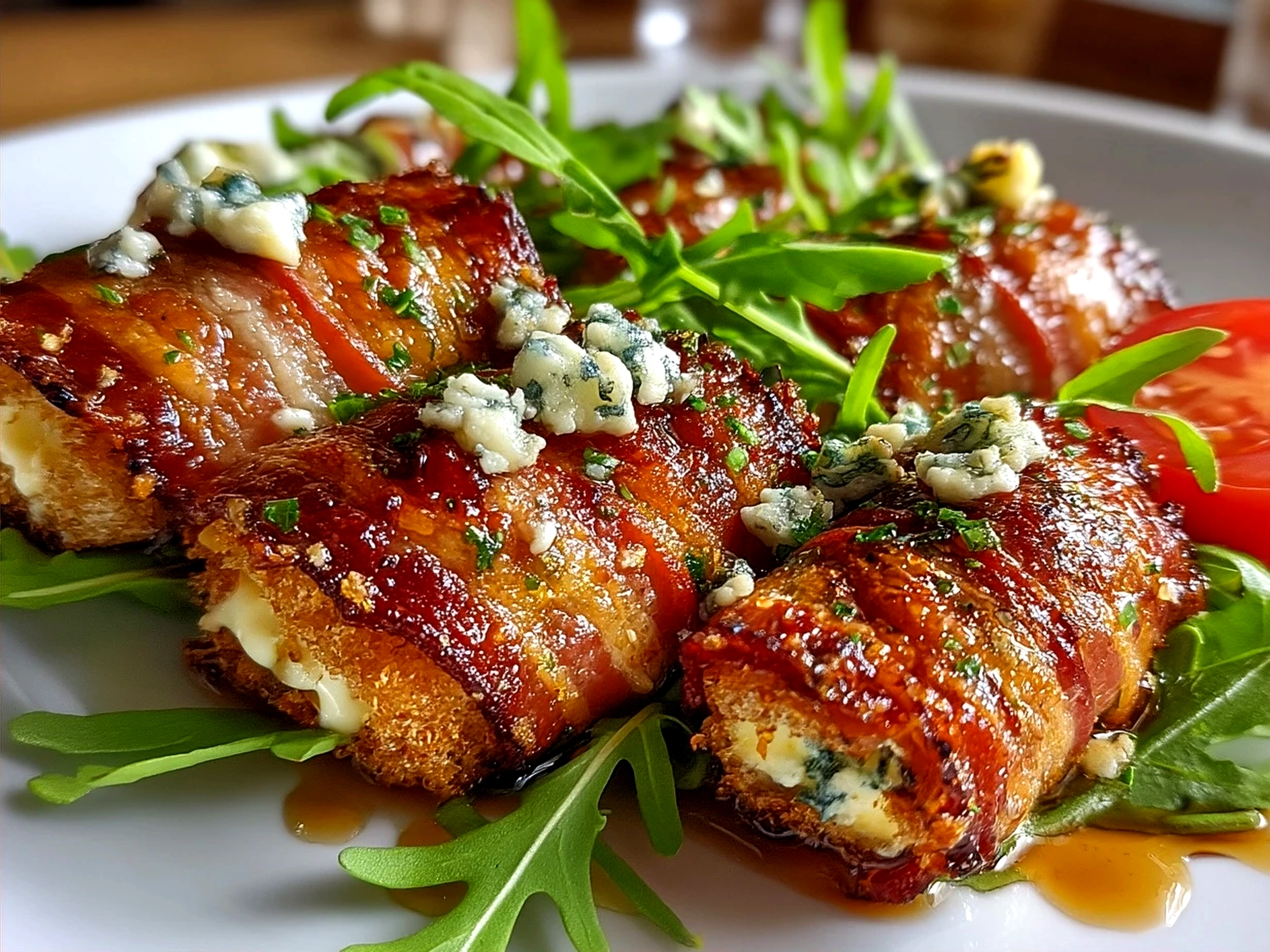 Serving plate with crispy Bacon Wrapped Grilled Cheese Fingers perfectly arranged