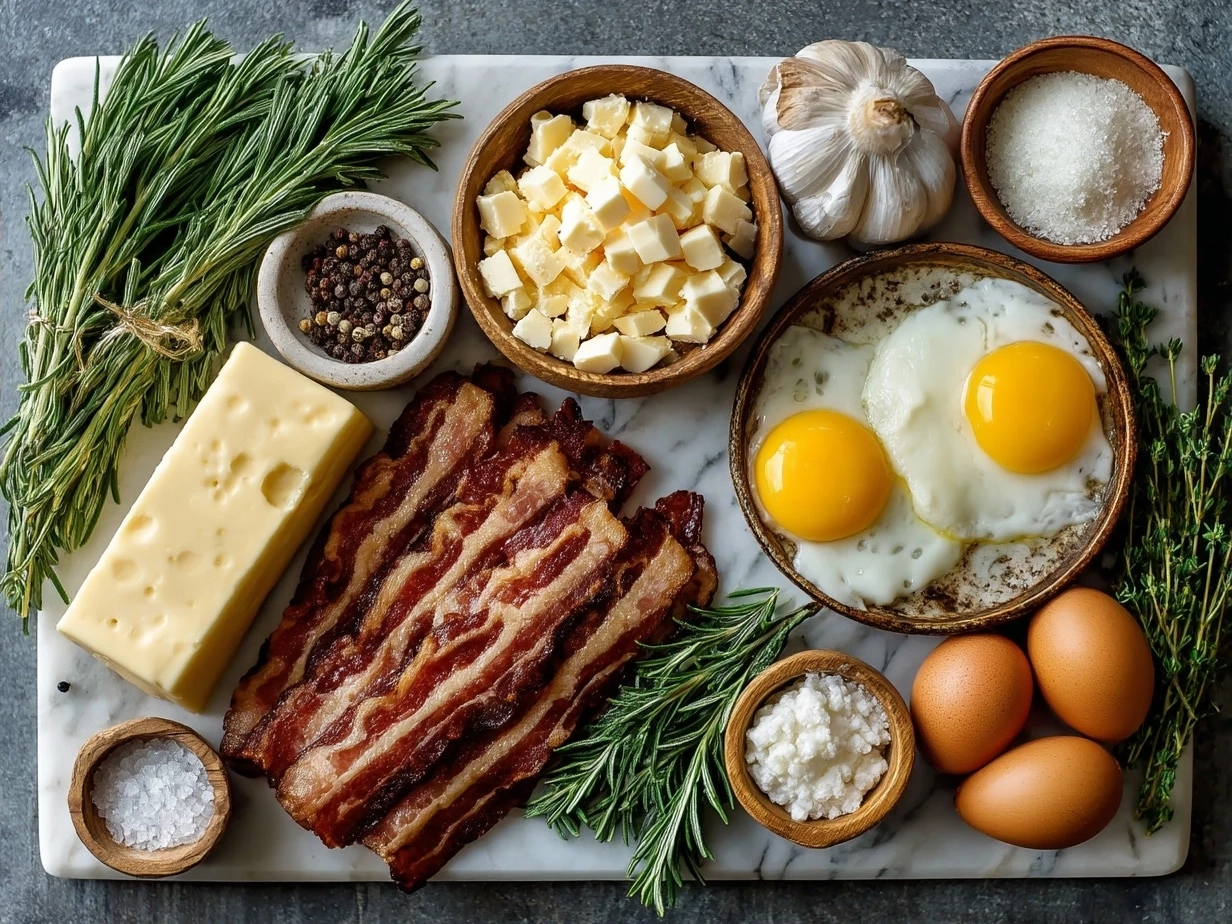 Ingredients for Bacon Wrapped Grilled Cheese Fingers laid out including bacon, bread, mozzarella, egg, breadcrumbs, olive oil, and herbs