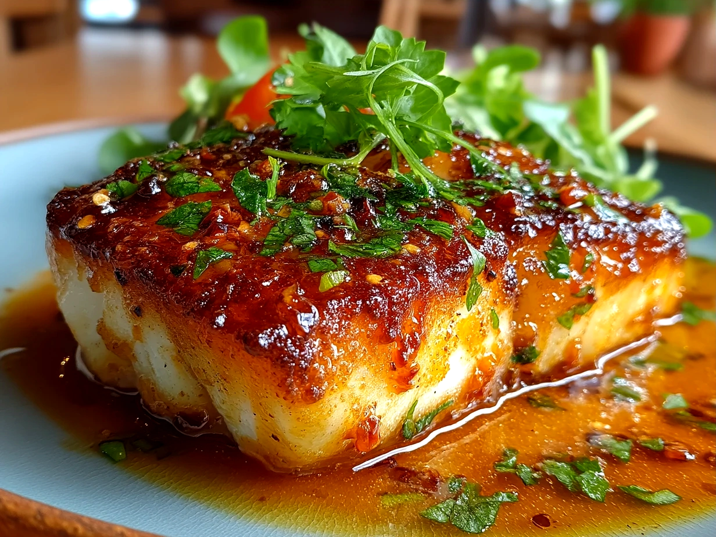 Plated Baked Honey Marinade Cod garnished with fresh herbs and lemon slices on rustic ceramic plate