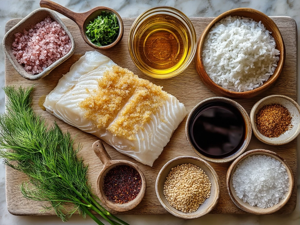 Ingredients for Baked Honey Marinade Cod arranged on a kitchen counter including honey, ginger, lemon, olive oil, and cod fillets