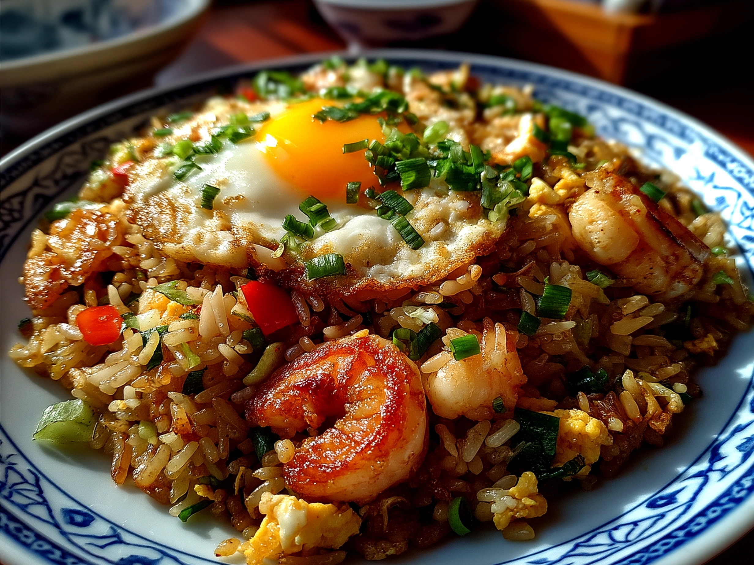Final plated Bang Bang Fried Rice with chicken, veggies, and green onions on a warm simple dish