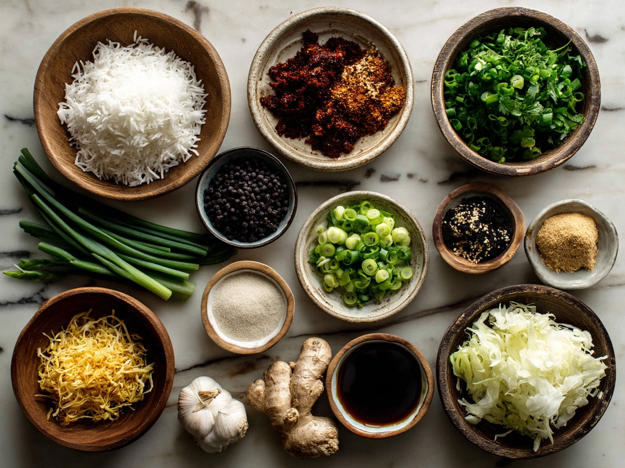 Ingredients for Bang Bang Fried Rice including cooked jasmine rice, chicken breast, sesame oil, mixed veggies, garlic, eggs, green onions, and Bang Bang sauce components