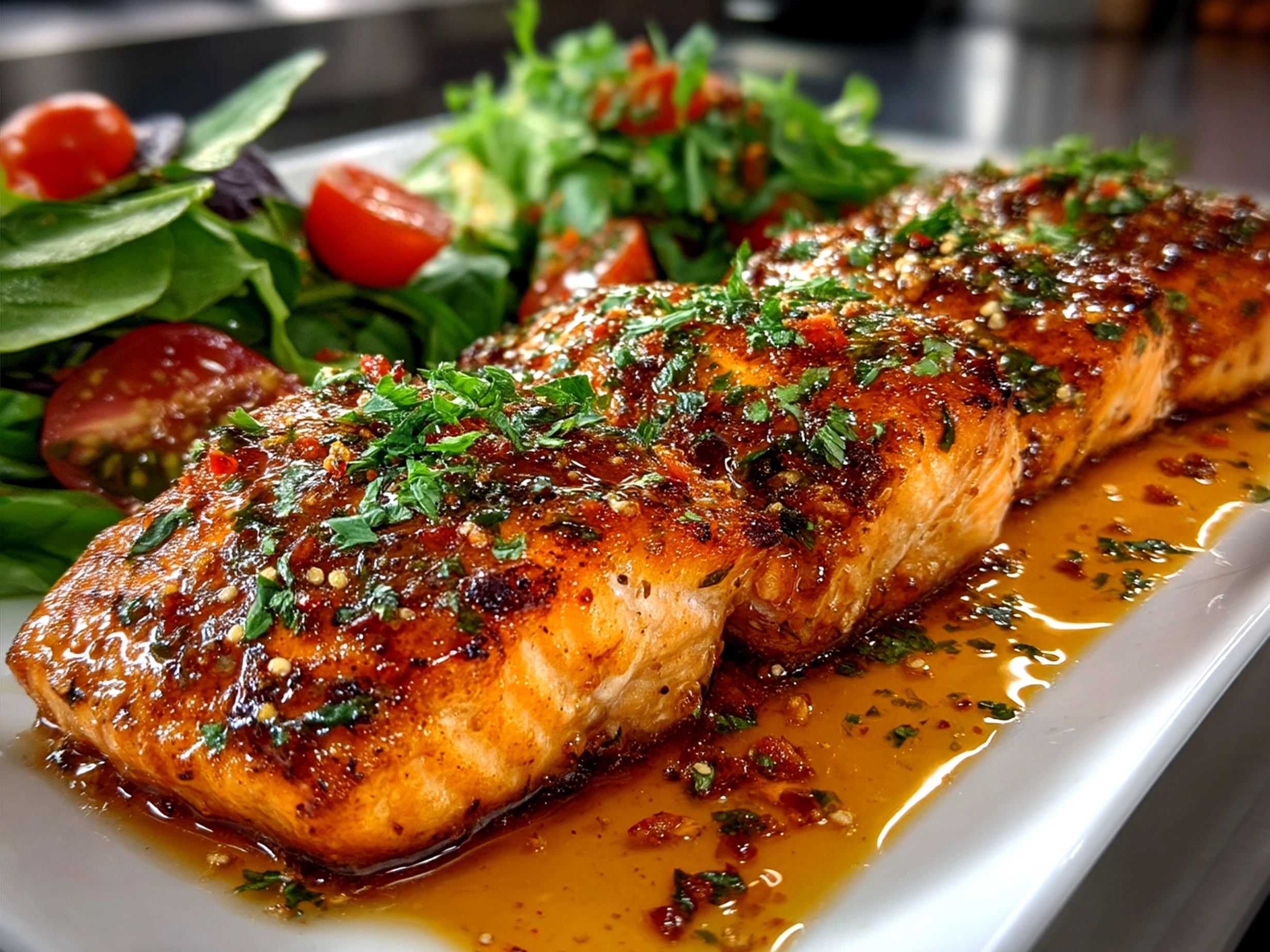 A serving plate with crispy Bang Bang Salmon bites drizzled with creamy sauce and garnished with scallions and sesame seeds