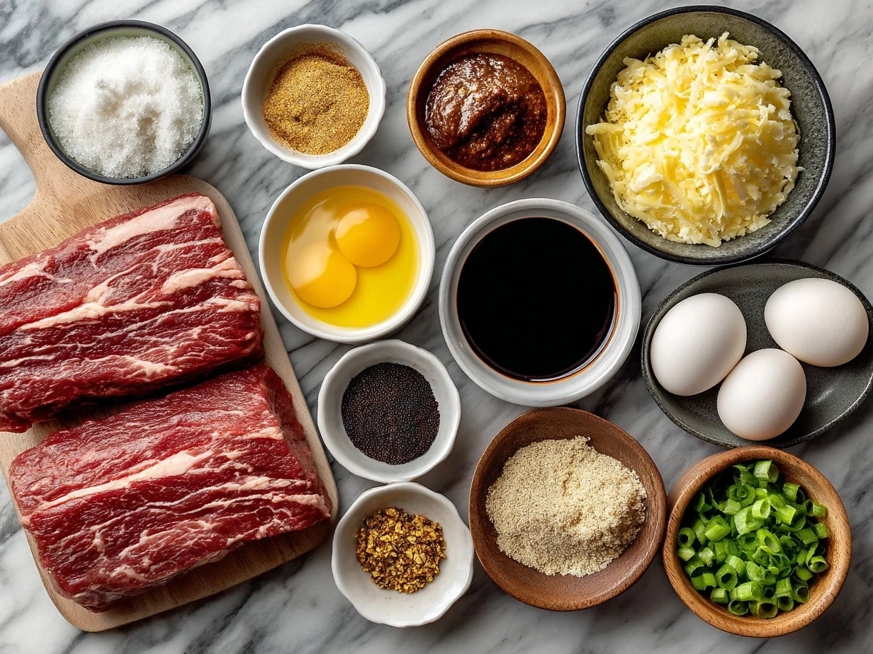 Ingredients for BBQ Brisket Melts including shredded smoked brisket, bread, cheddar cheese, barbecue sauce, butter, red onion, jalapeño slices