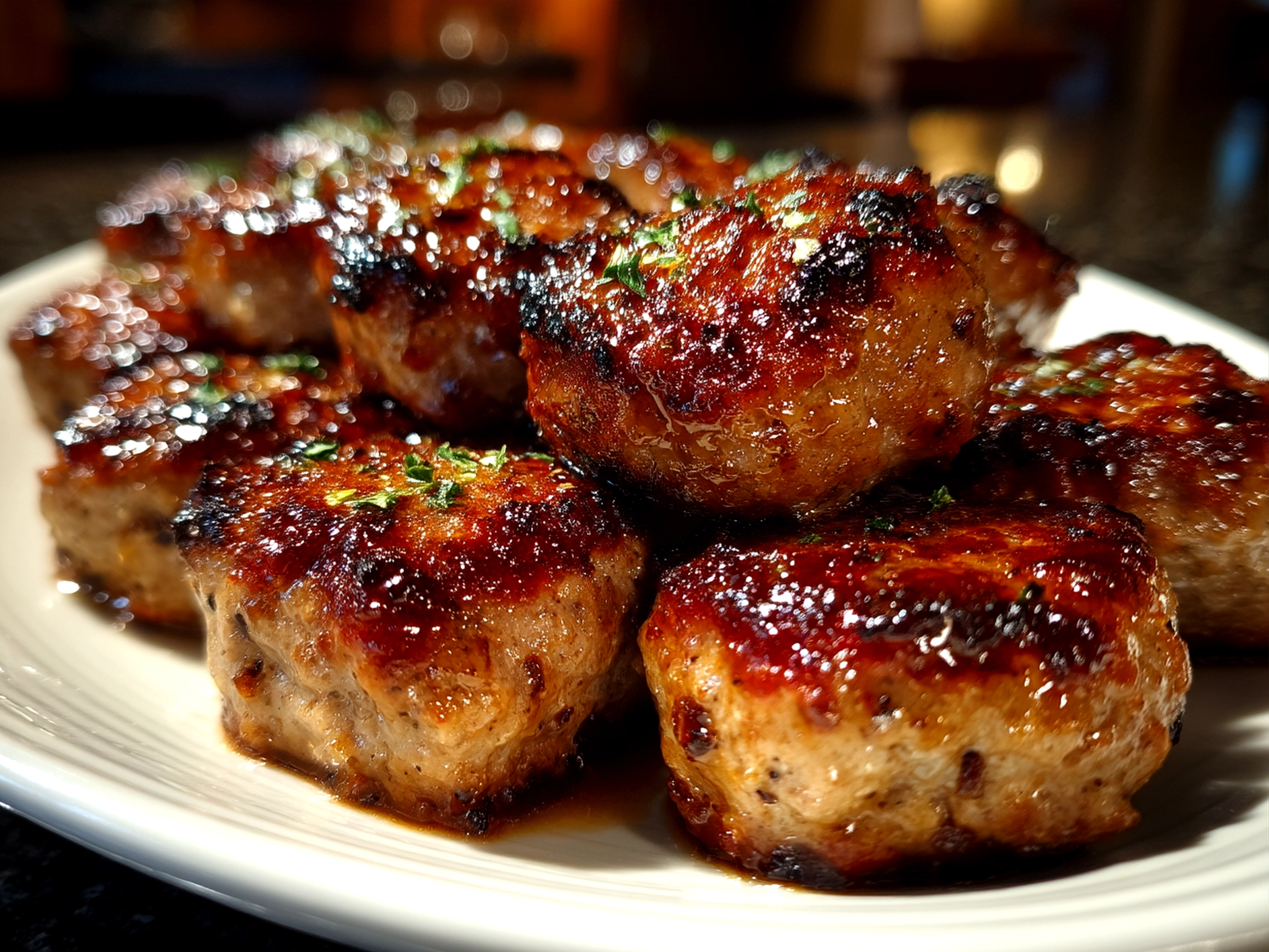 Serving BBQ Sausage Bites on a wooden board garnished with fresh herbs