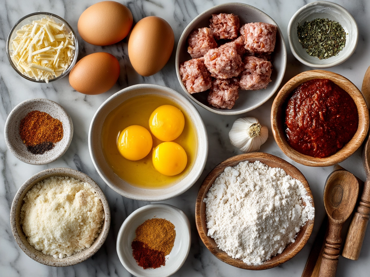 Ingredients for BBQ Sausage Bites arranged on a wooden board