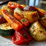 Beautiful slow cooker roasted fall vegetables on a white plate