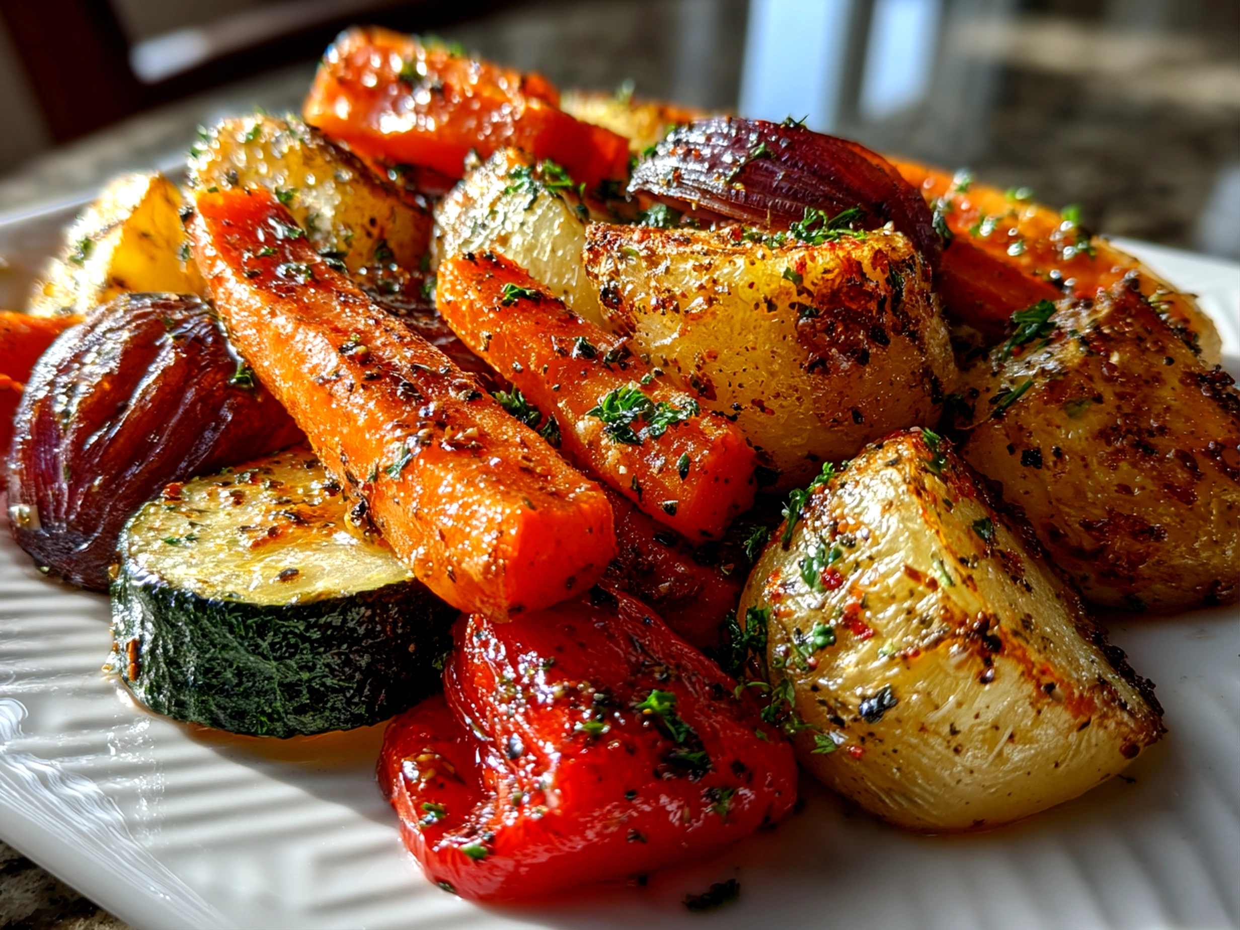 Beautiful slow cooker roasted fall vegetables on a white plate