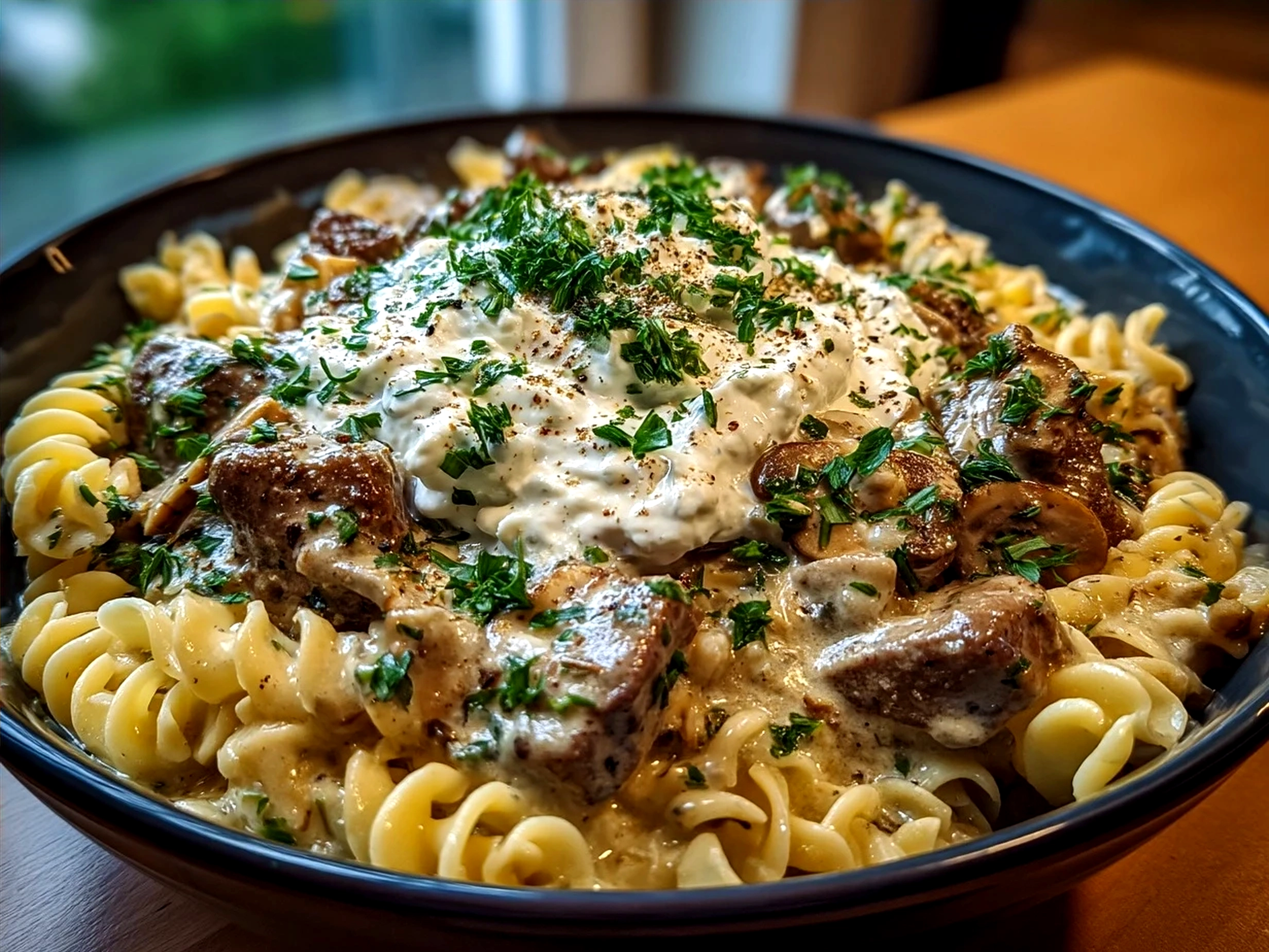 A serving of creamy Beef Stroganoff With Sour Cream garnished with parsley