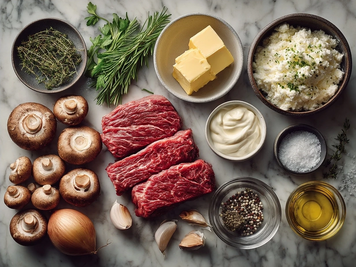 Ingredients for Beef Stroganoff With Sour Cream including beef, mushrooms, onions, sour cream, and spices
