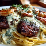Blackened Steak Shrimp Alfredo plated close-up