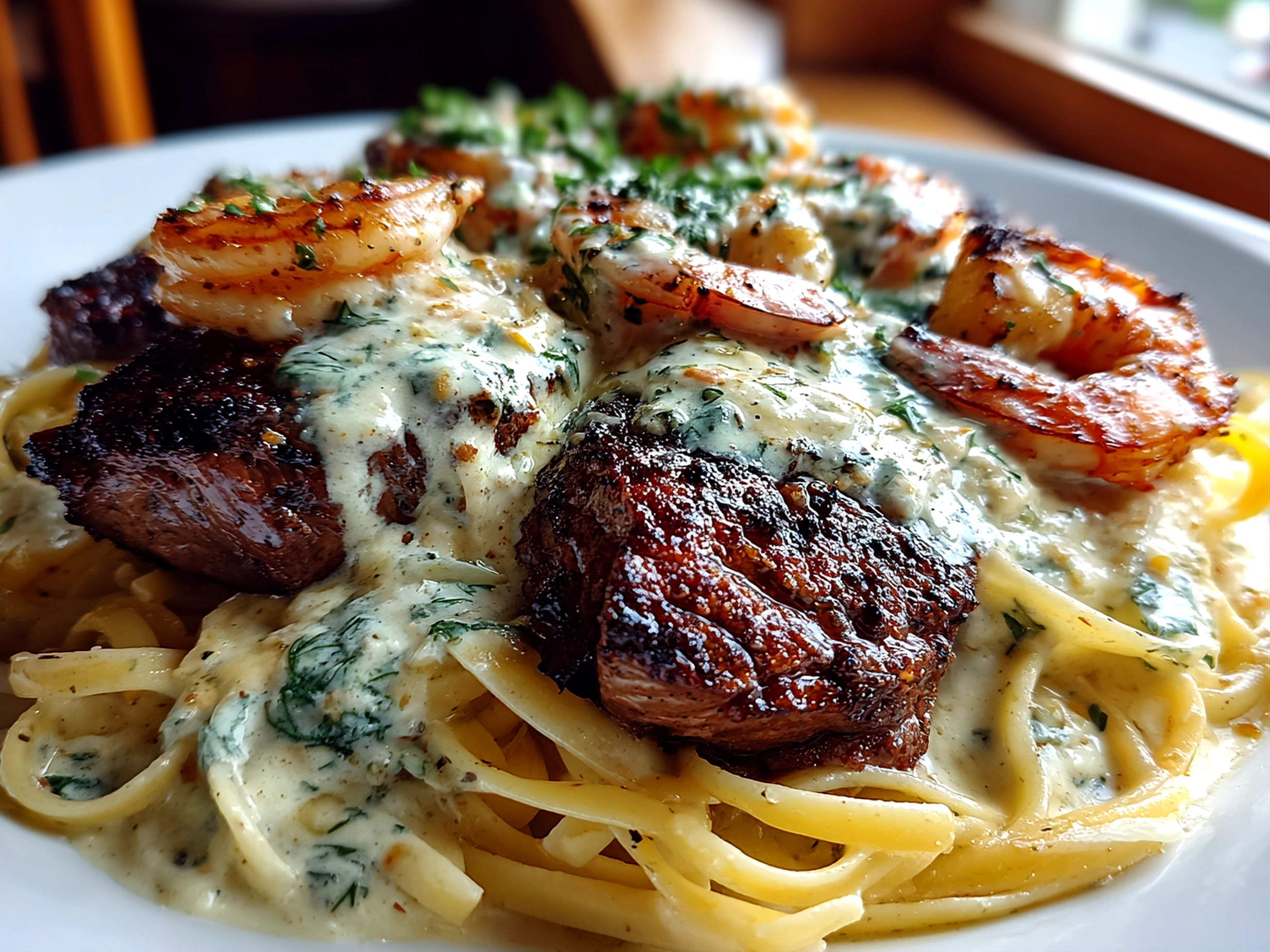 Blackened Steak Shrimp Alfredo plated close-up
