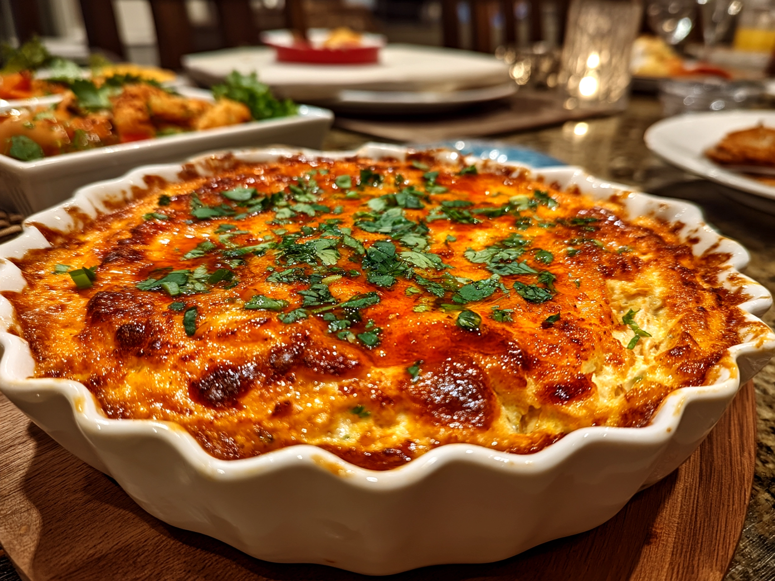 Serving suggestion of Buffalo Chicken Dip with celery sticks and pita bread, showing cozy and inviting presentation.