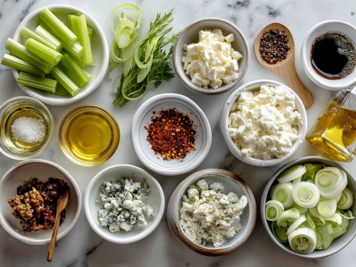 Ingredients for soulful Buffalo Chicken Dip including shredded cooked chicken, cream cheese, buffalo sauce, ranch dressing, cheddar cheese, green onions, and optional blue cheese.