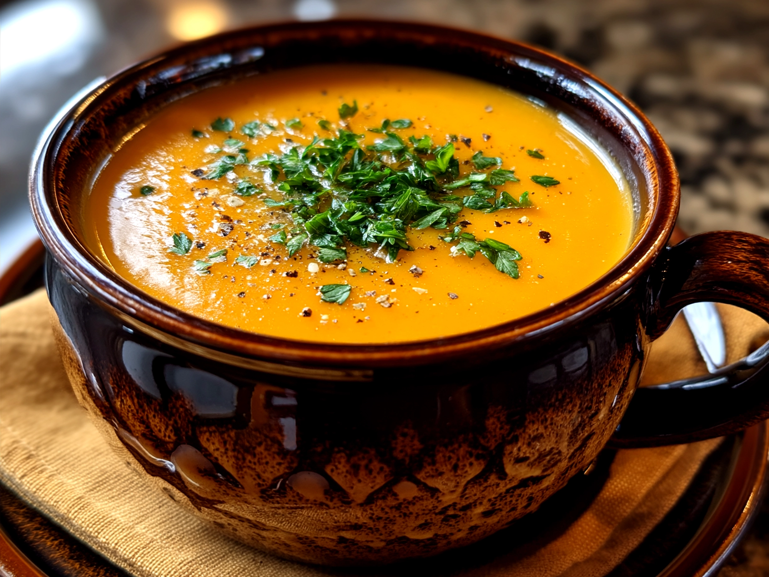 A bowl of creamy Butternut Squash Soup garnished with fresh herbs