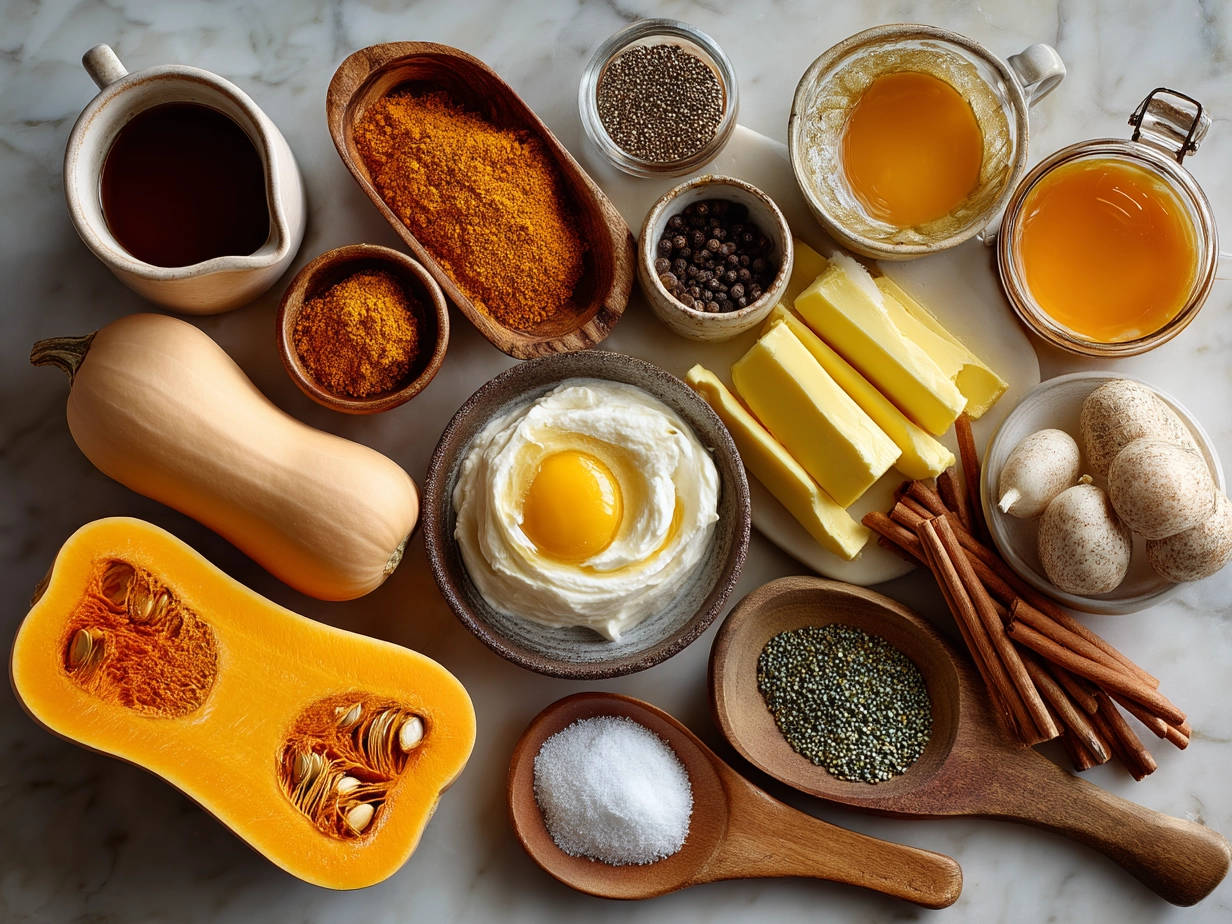 Ingredients for Butternut Squash Soup laid out on a table