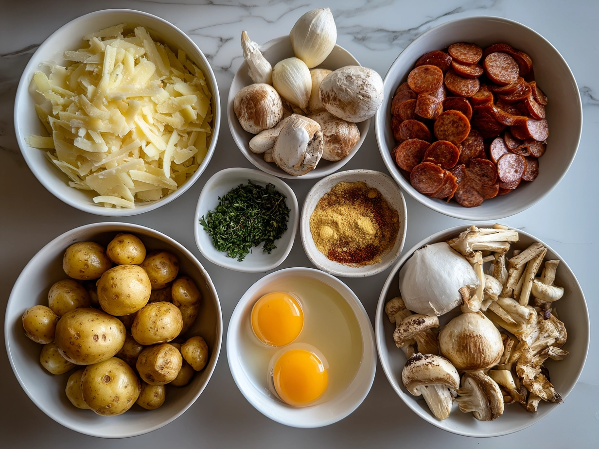 Ingredients for Cajun Potato Soup with Andouille Sausage laid out on a wooden table
