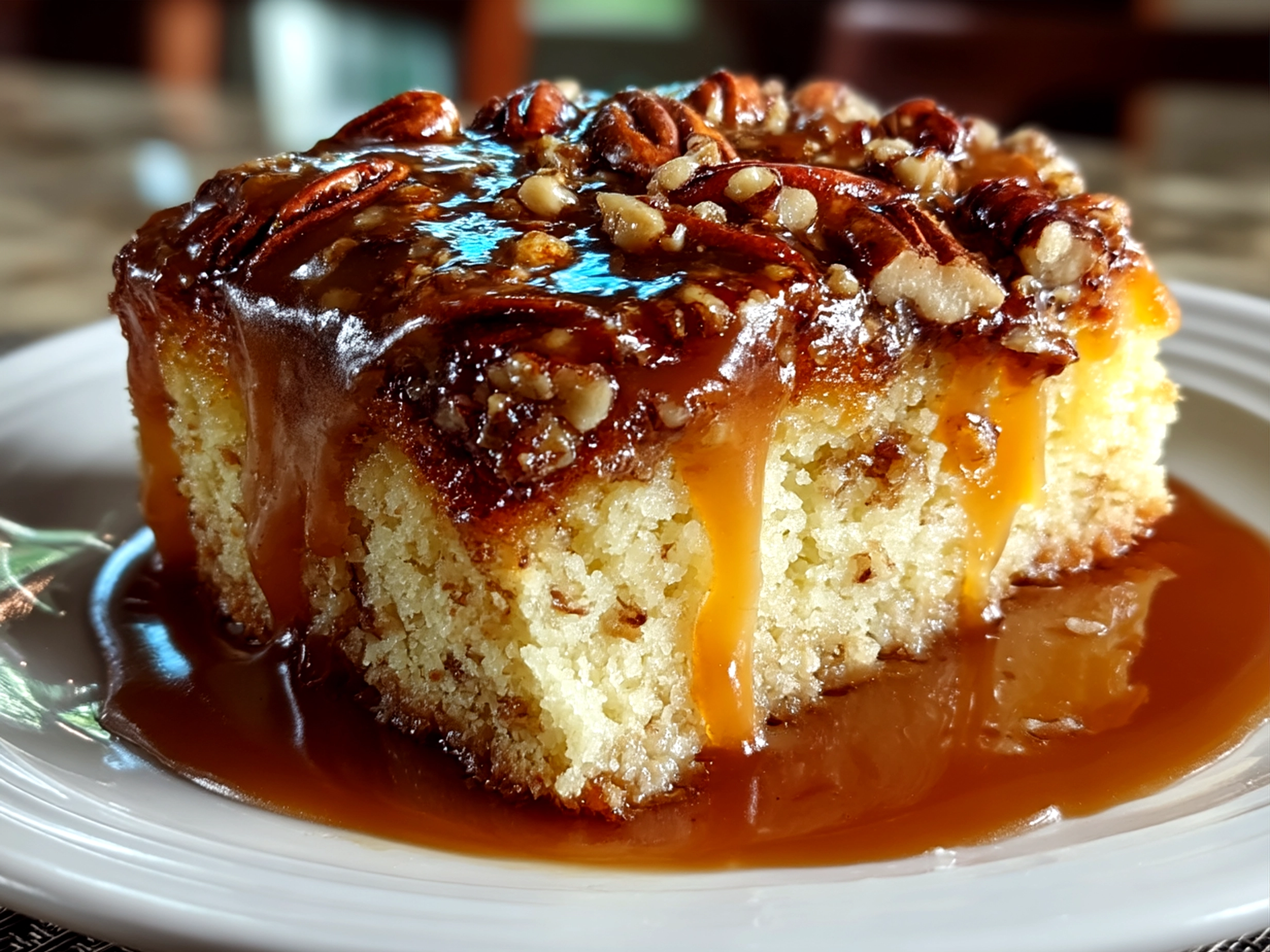 Caramel Butter Pecan Praline Poke Cake served on a rustic ceramic plate with vanilla ice cream