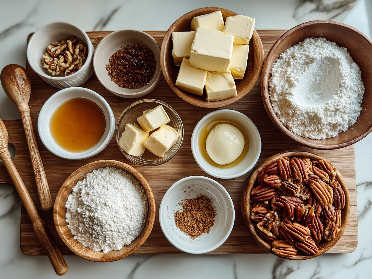 Ingredients for Caramel Butter Pecan Praline Poke Cake including pecans, caramel sauce, powdered sugar, and cake mix