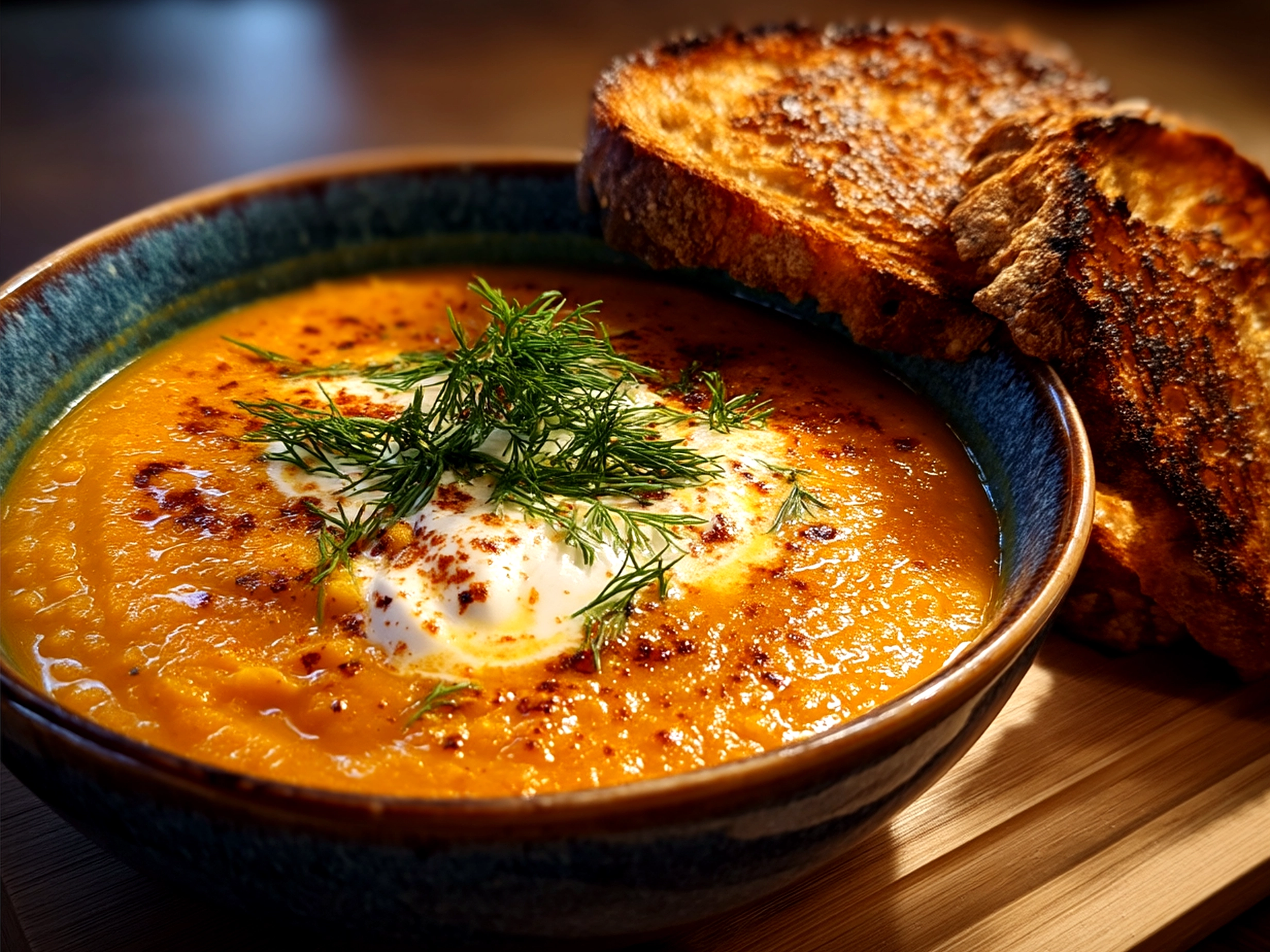 Serving a bowl of warm carrot and lentil soup garnished with fresh herbs