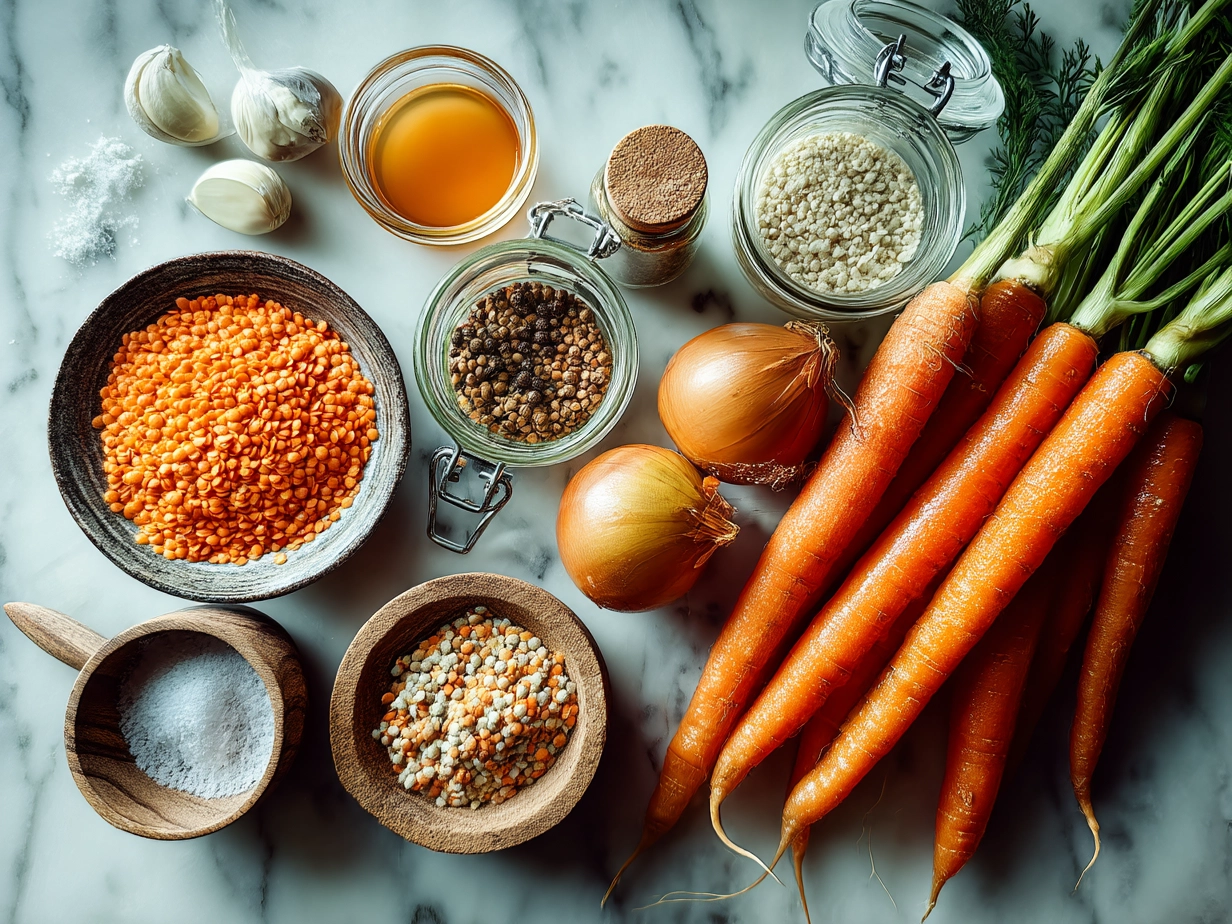 Ingredients for comforting carrot and lentil soup