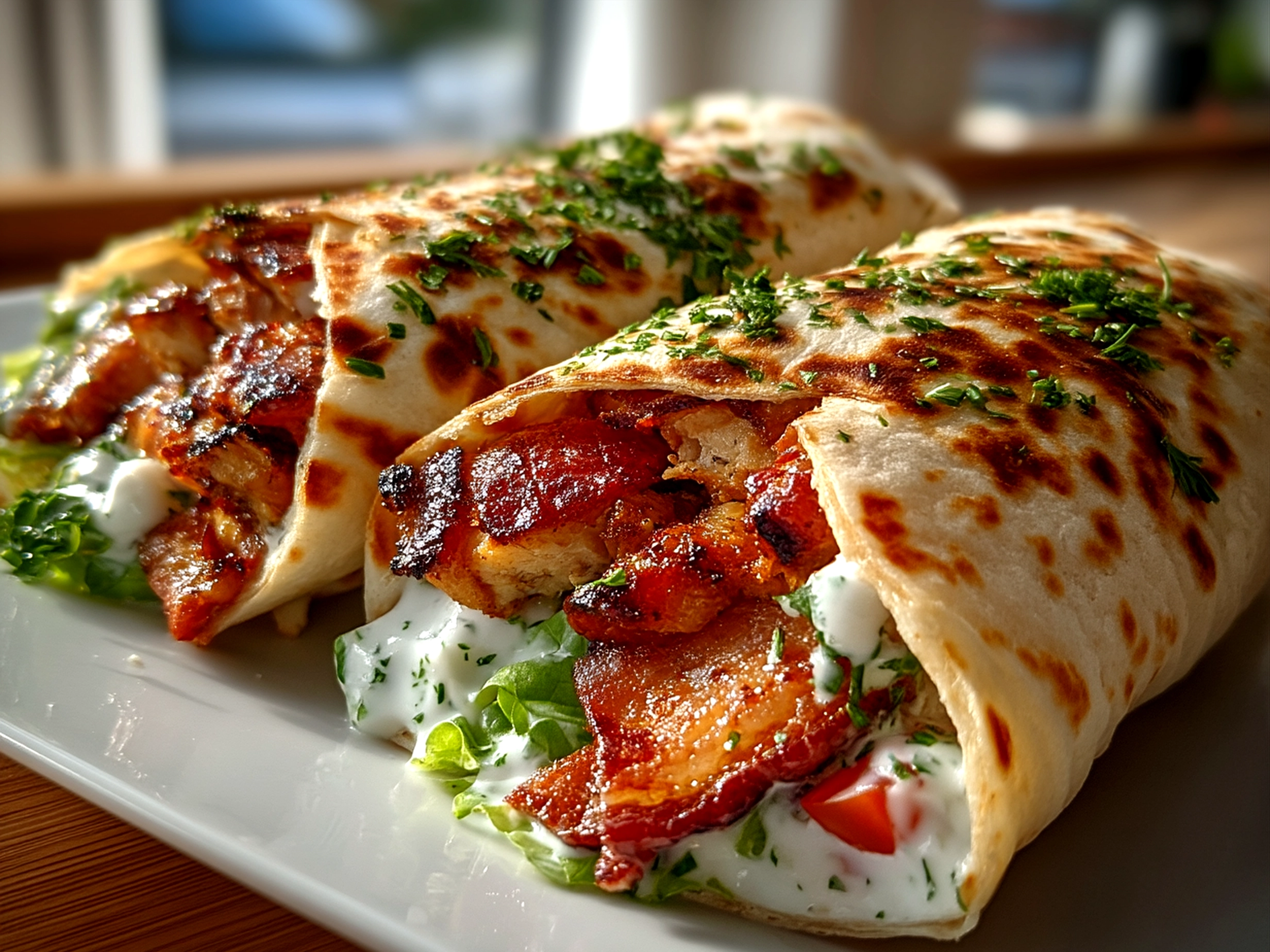 Served Chicken Bacon Wrap with fresh greens on plate