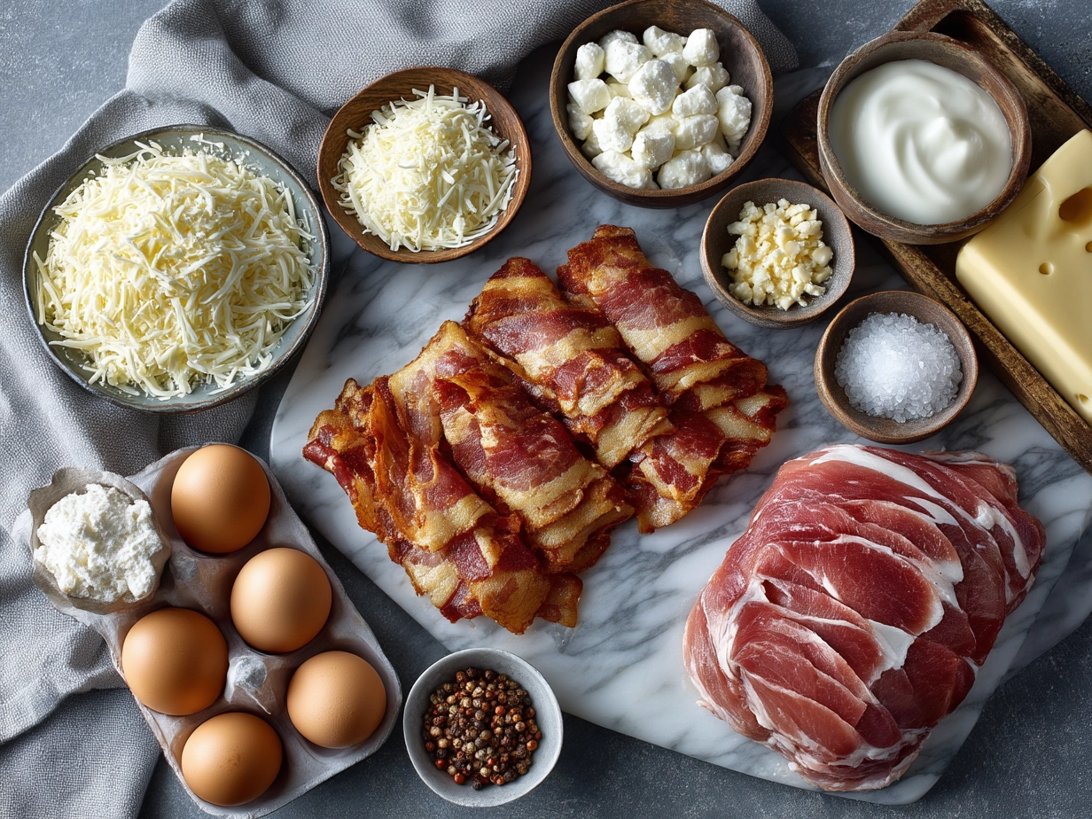 Ingredients for Chicken Bacon Wrap including chicken breasts, bacon, tortillas, spinach, cheese, and olive oil