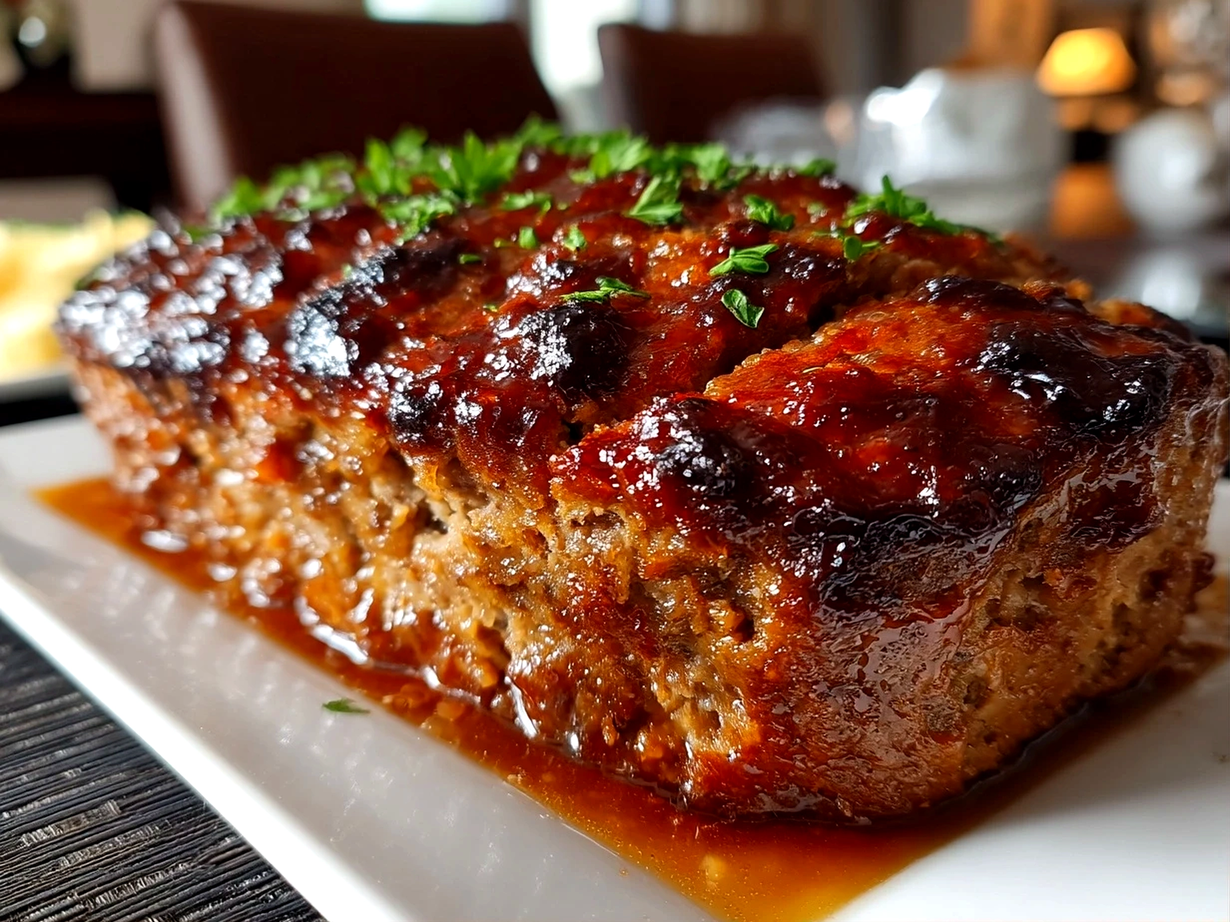 Close-up of finished comforting Classic Meatloaf with ketchup glaze