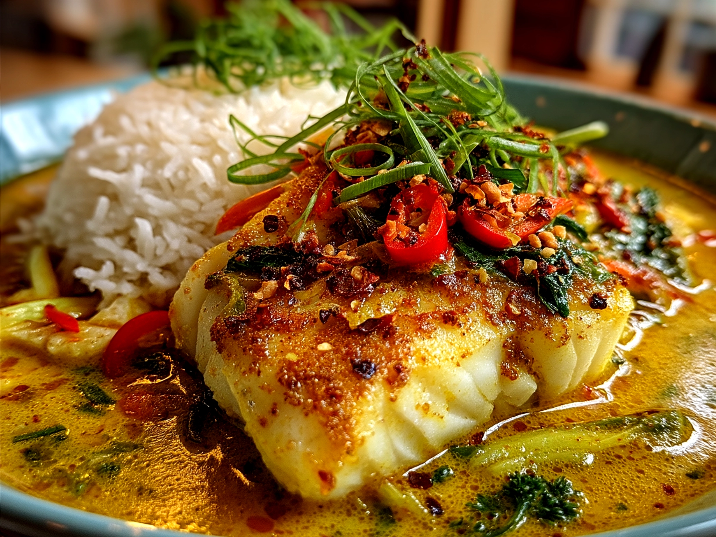 Served Coconut Curry Baked Cod garnished with fresh herbs and lime wedges