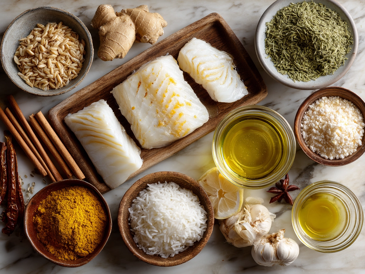 Ingredients for Coconut Curry Baked Cod arranged on a wooden table