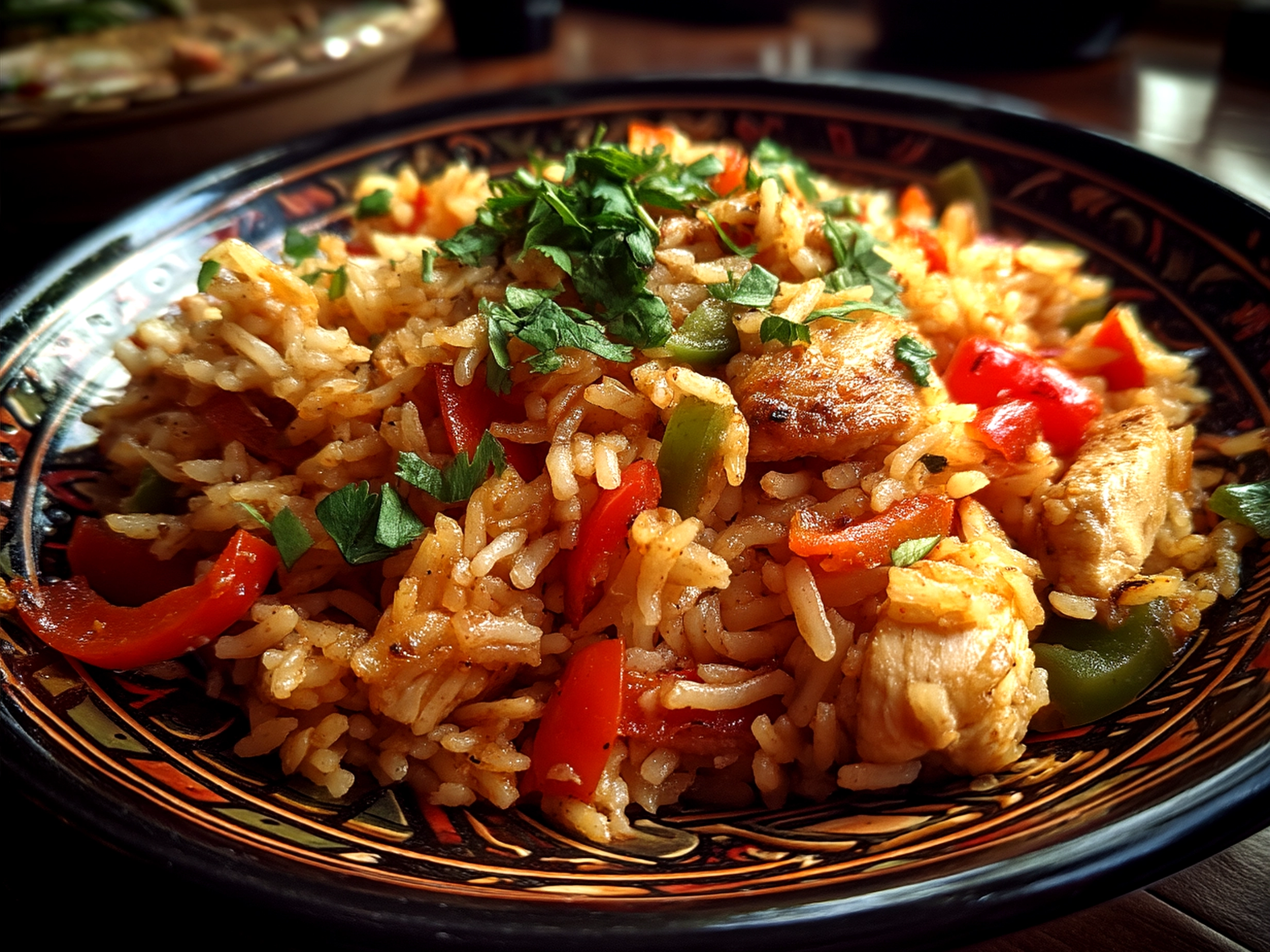 Serving of colorful Chicken Fajita Rice with bell peppers, chicken, cilantro and lime wedges in a rustic bowl