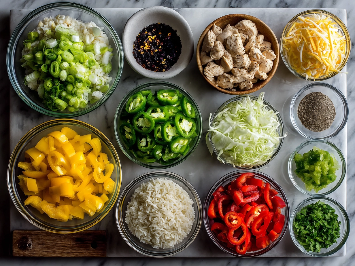 Ingredients arranged for colorful Chicken Fajita Rice: bell peppers, chicken, rice, garlic, onion, lime, and seasoning