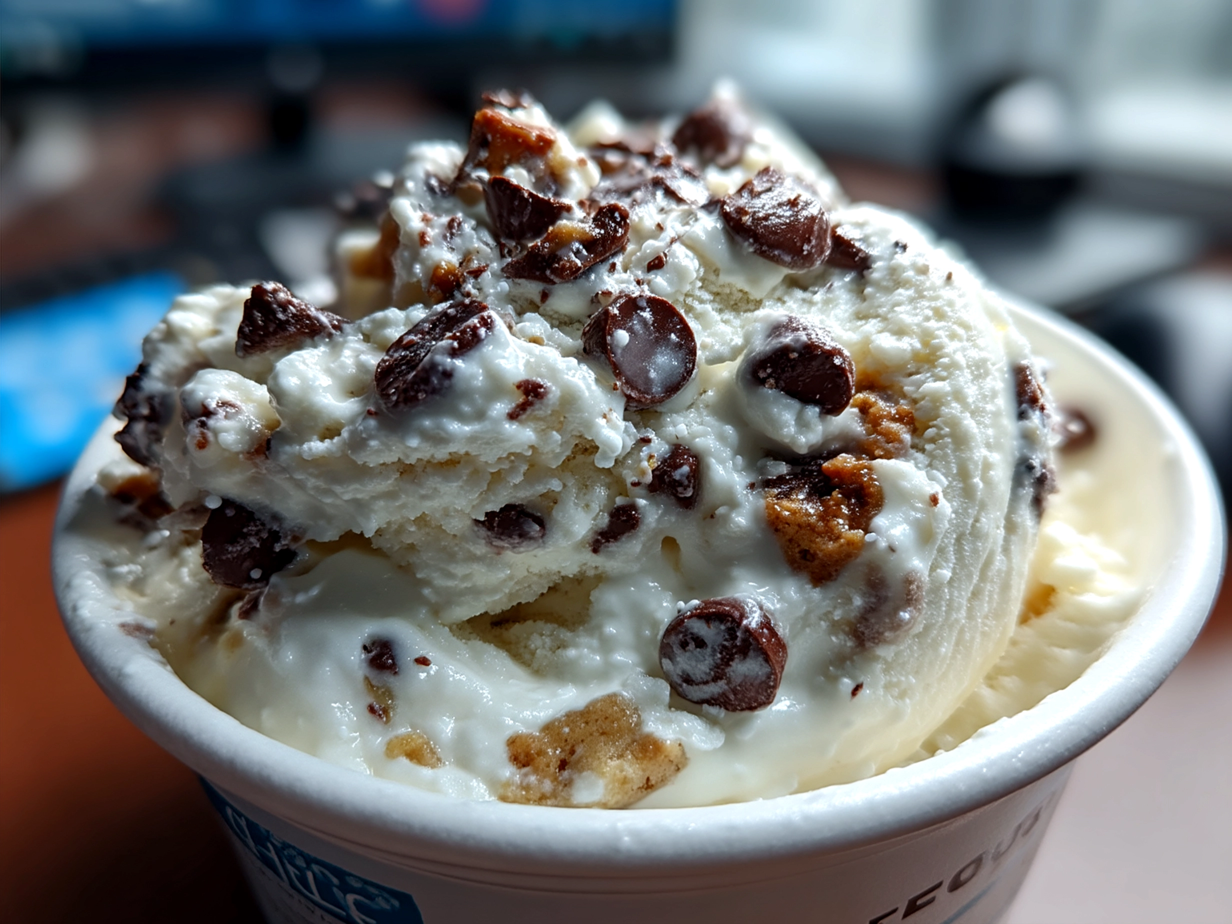 Creamy serving of Cookie Dough Greek Yogurt with Chocolate Chips in a rustic bowl