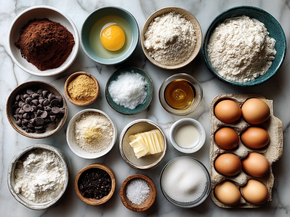 Ingredients for Cookies Cream Skillet Cookie including butter, sugars, eggs, flour, crushed cookies and chocolate chips