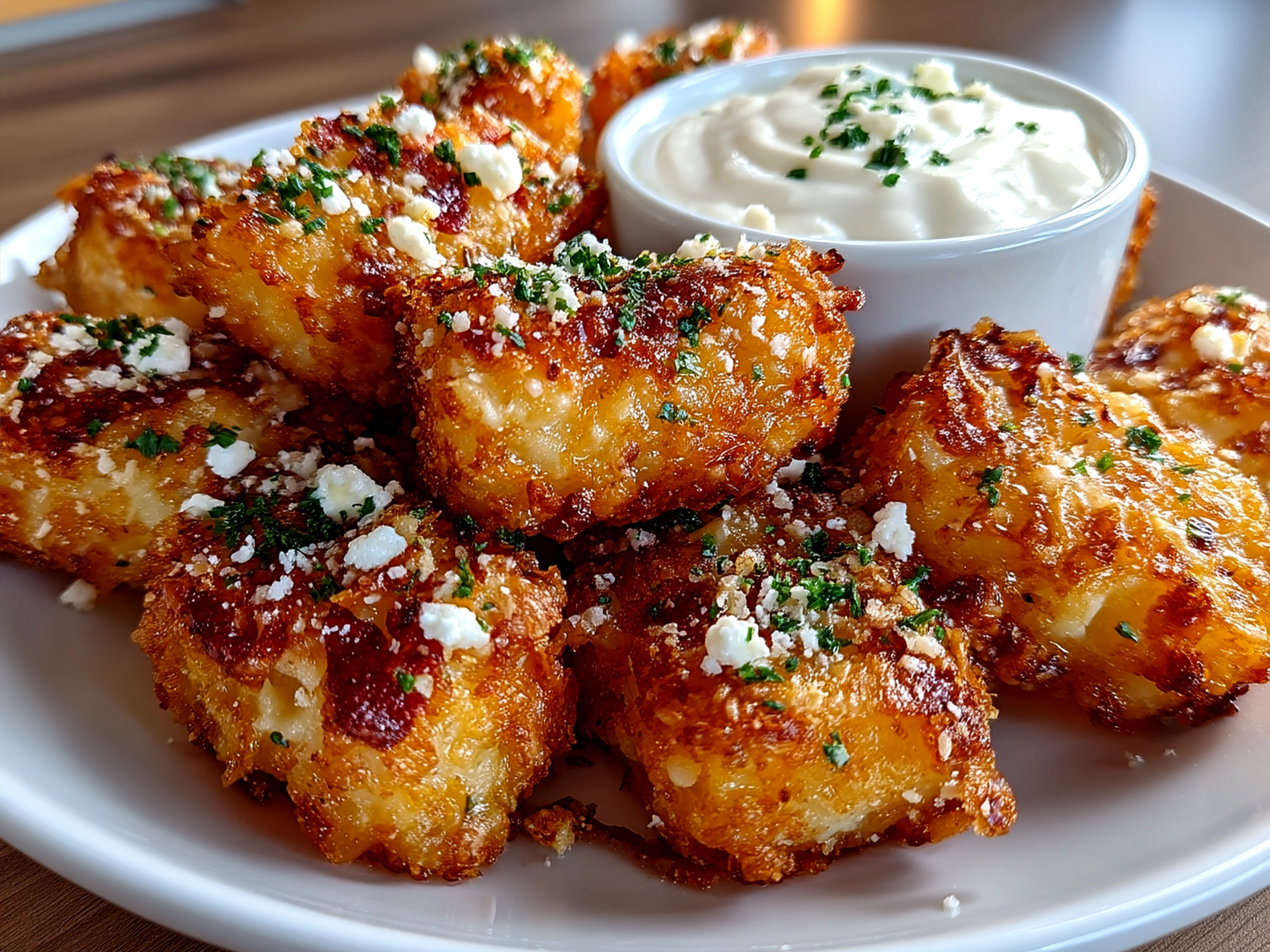 Serving suggestion of golden baked Cottage Cheese Tots with fresh herbs
