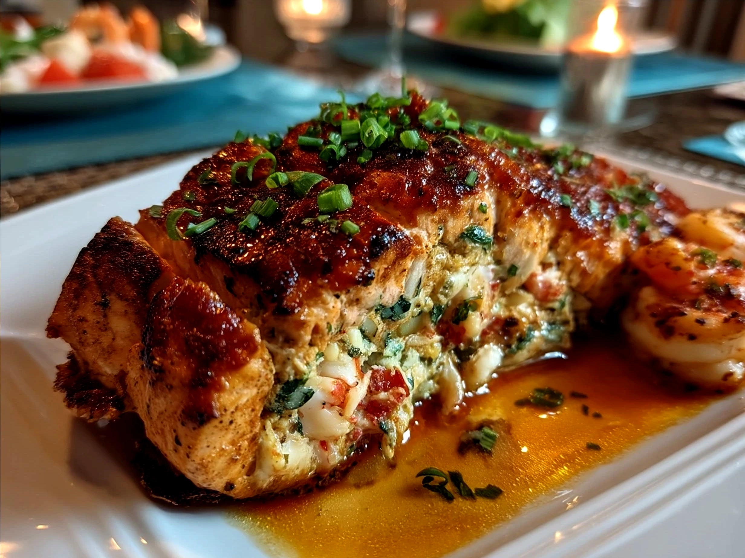 Crab And Shrimp Stuffed Salmon plated beautifully with fresh herbs and lemon garnish