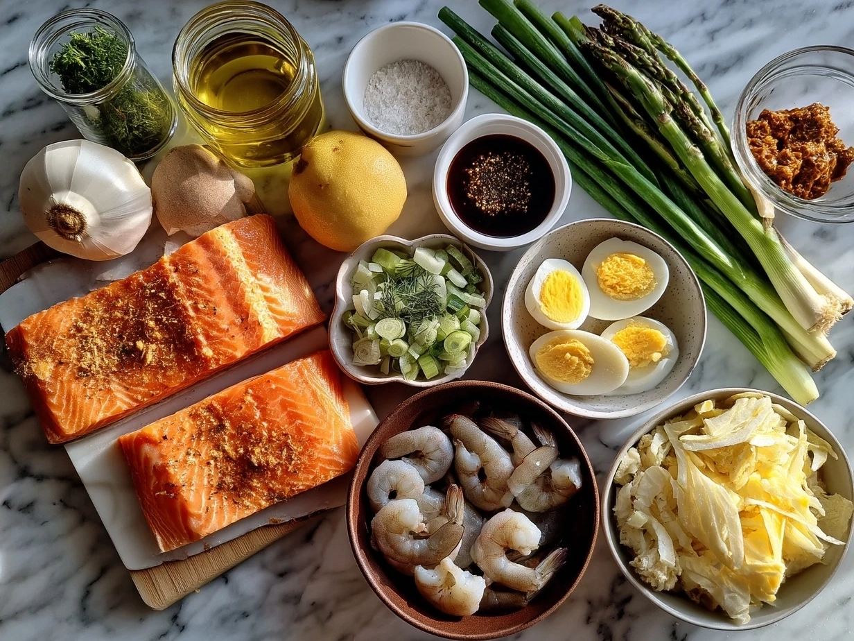 Ingredients for Crab And Shrimp Stuffed Salmon on a rustic wooden board