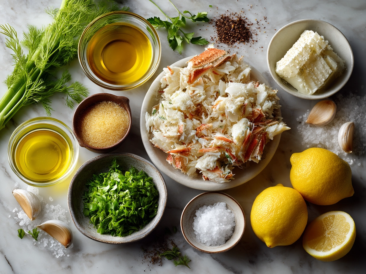 Ingredients for Crab Salad including fresh crab meat, celery, red onion, mayonnaise, lemon, mustard, dill, and cucumber