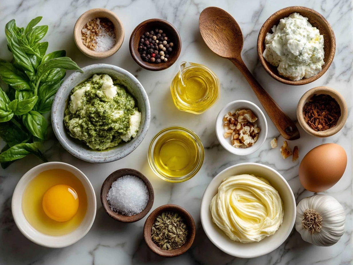 Ingredients for Creamy Pesto Aioli: fresh basil, mayonnaise, garlic, lemon juice, olive oil, salt