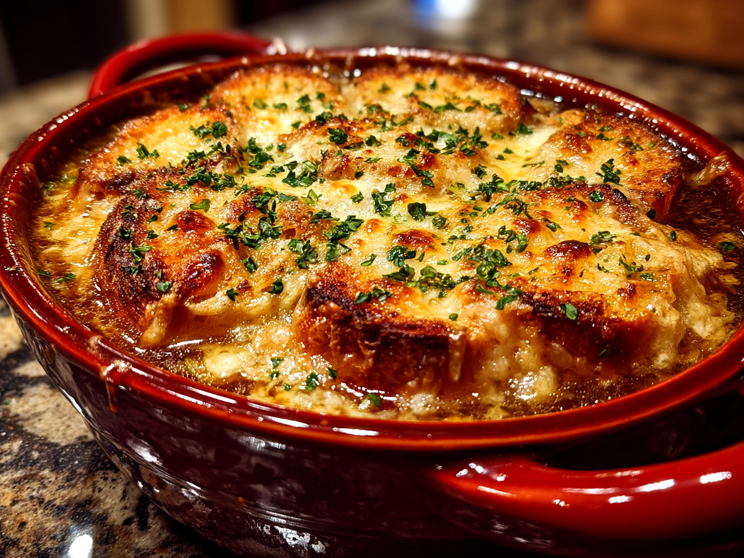 A rustic bowl of Dutch Oven French Onion Soup topped with toasted French bread and melted Gruyere cheese, ready to serve